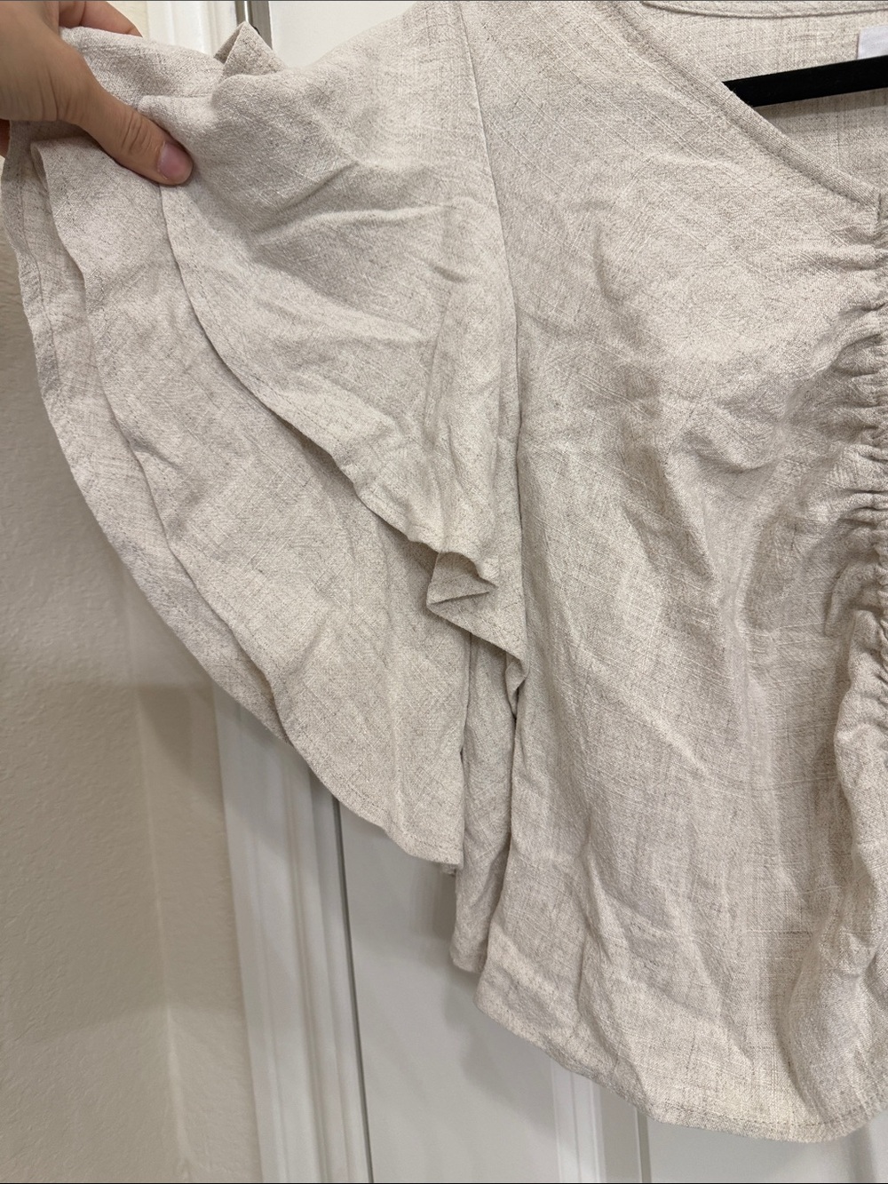 Neutral Cream Ruffle-Sleeve Drawstring Crop Blouse - Picture 3 of 7